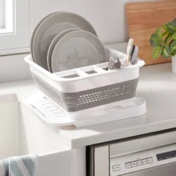 Plastic Collapsible Dish Rack With Drip Tray White - Brightroomâ„¢: Freestanding Drying Rack With Drain Board