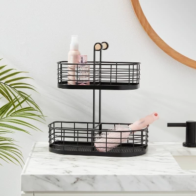 2 Tier Divided Wire Basket With Wood Handle Black - Brightroomâ„¢