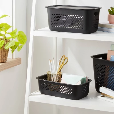 Narrow Small Decorative Plastic Bin Black - Brightroomâ„¢: Modern Rectangle, 3.2 Volume, Cut-Out Handles