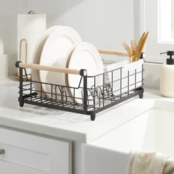 Metal Dish Rack With Powder Coated Finish And Rubber Wood Handles Black - Brightroomâ„¢: Freestanding Dish Drying Rack