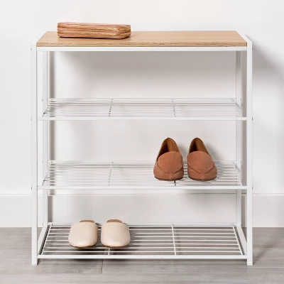 4 Tier Shoe Rack White Metal With Natural Wood - Brightroomâ„¢