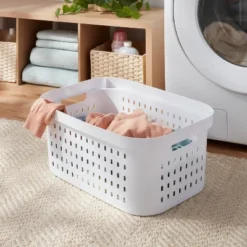 1.5bu Rectangle Modern Laundry Basket - Brightroomâ„¢: White Plastic Clothes Basket With Built-In Handles, Medium Size
