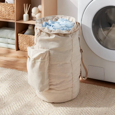 Canvas Backpack Laundry Bag - Brightroomâ„¢: Linen Backpack Hamper, 50L Capacity, Multipurpose, Beige, 1 Handle