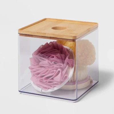 Clear Canister Large With Bamboo Lid - Brightroom™: Bathroom Container With Lid, Qtip Holder, 6"x6"x6" Plastic - Image 2